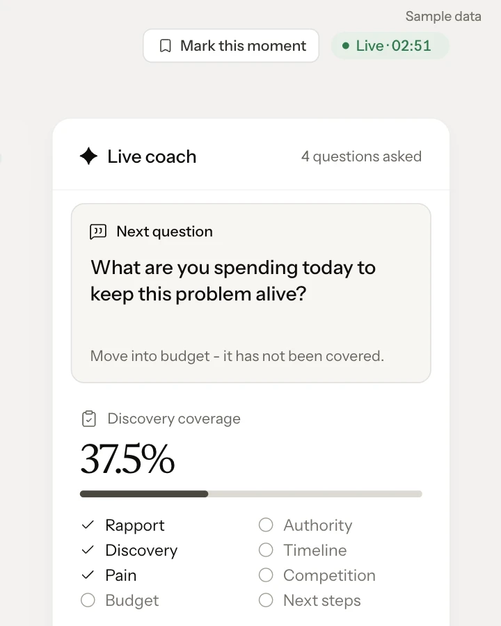 SAGARIS Live Coach during a call with Olivia Bennett: the transcript beside the Live coach panel with its suggested next question and discovery coverage at 37.5% (sample data).