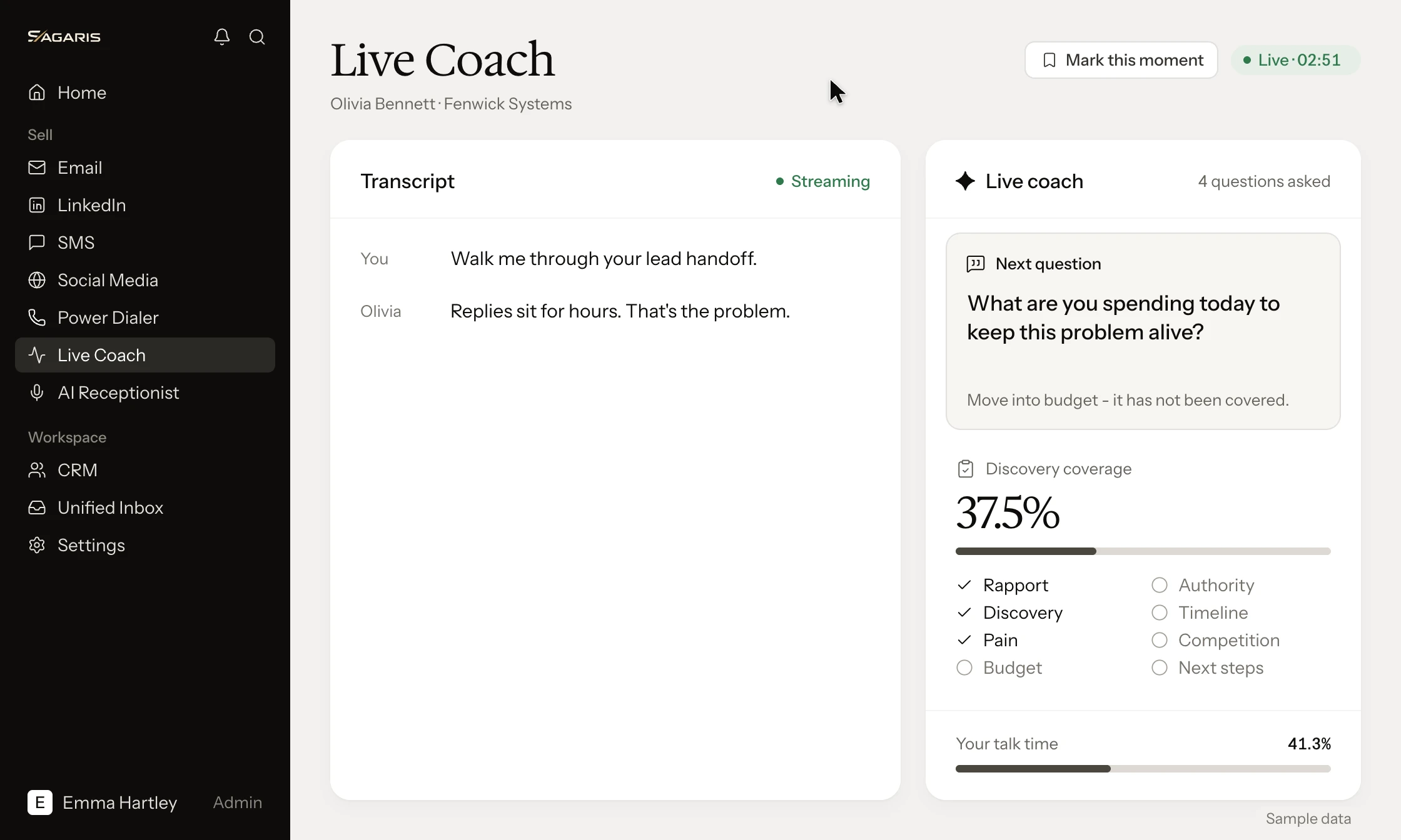 SAGARIS Live Coach during a call with Olivia Bennett: the transcript beside the Live coach panel with its suggested next question and discovery coverage at 37.5% (sample data).