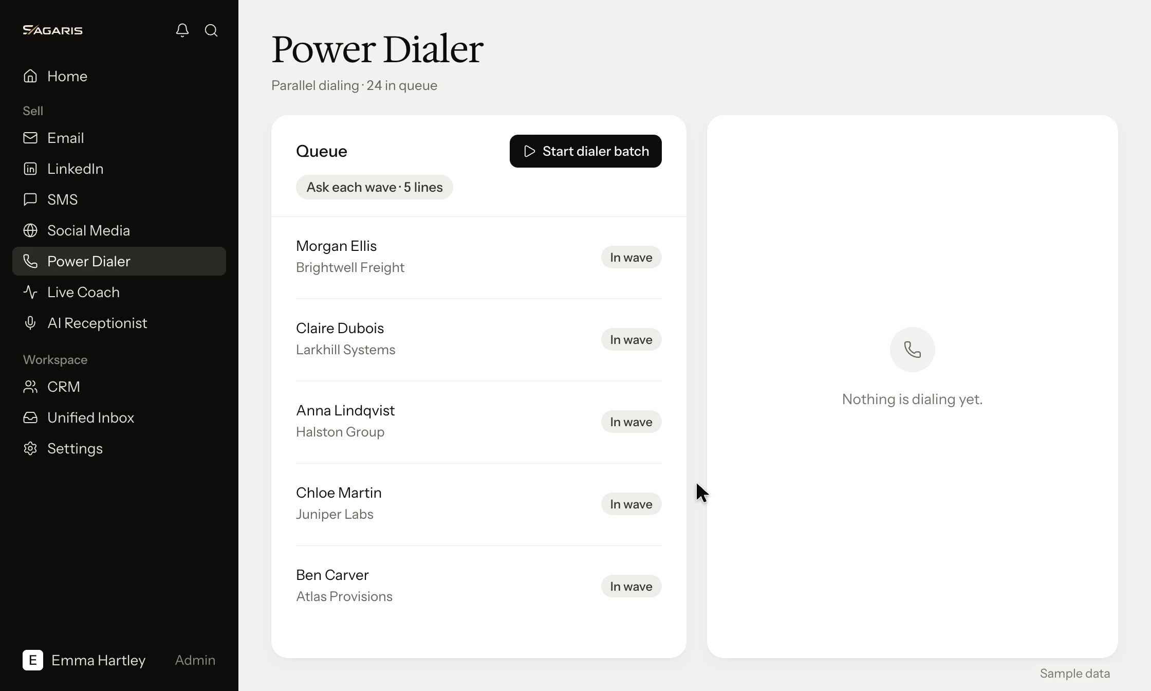 SAGARIS Power Dialer: a queue of five ranked contacts in the next wave, set to five lines, ready to start (sample data).