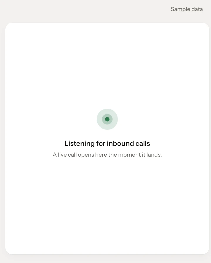 SAGARIS AI Receptionist listening for inbound calls, with an empty Callers list and the AI receptionist's line, greeting and available tools (sample data).