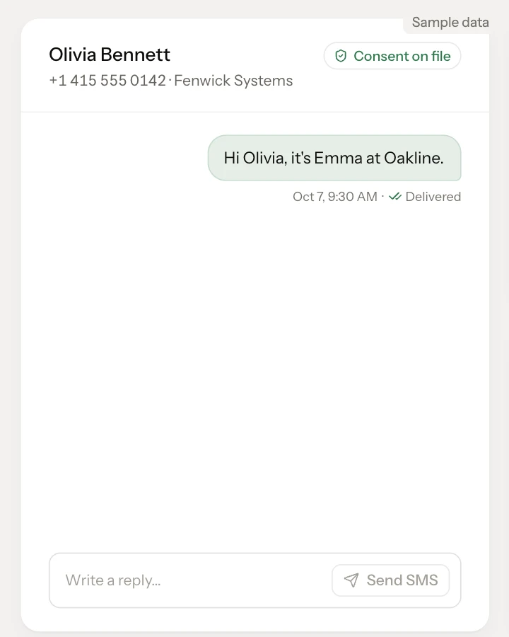 SAGARIS SMS: a text thread with Olivia Bennett at Fenwick Systems, the Suggested next steps card and the contact's Activity timeline (sample data).
