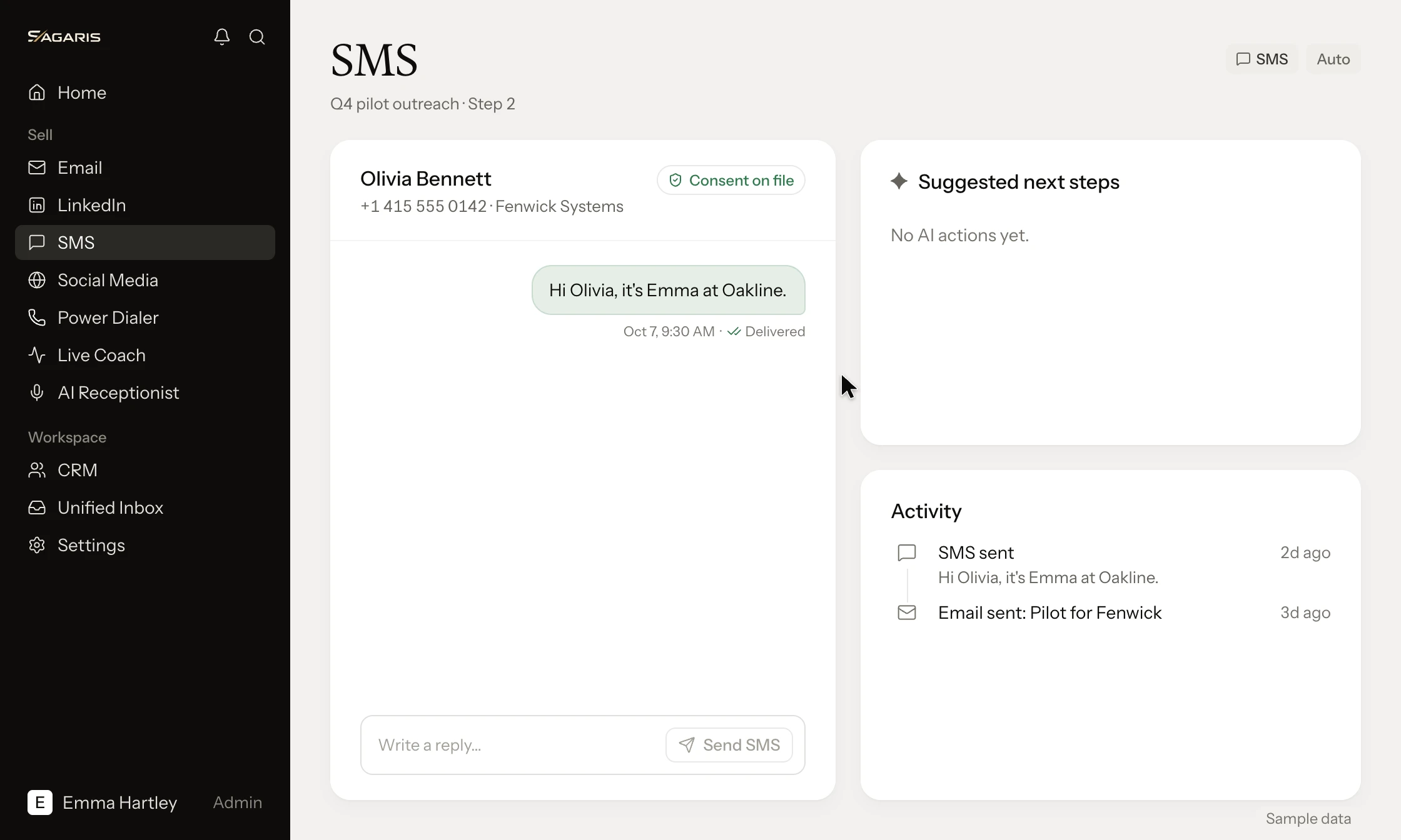 SAGARIS SMS: a text thread with Olivia Bennett at Fenwick Systems, the Suggested next steps card and the contact's Activity timeline (sample data).